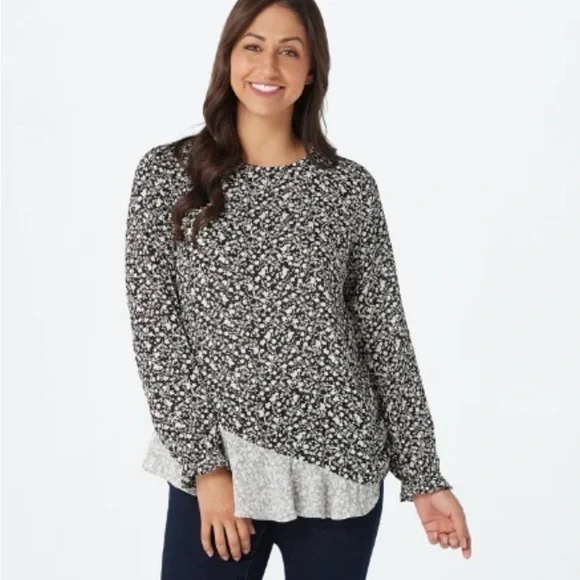 LOGO by Lori Goldstein Floral Long Sleeve Blouse Top Contrasting Panels 2X - Picture 6 of 7